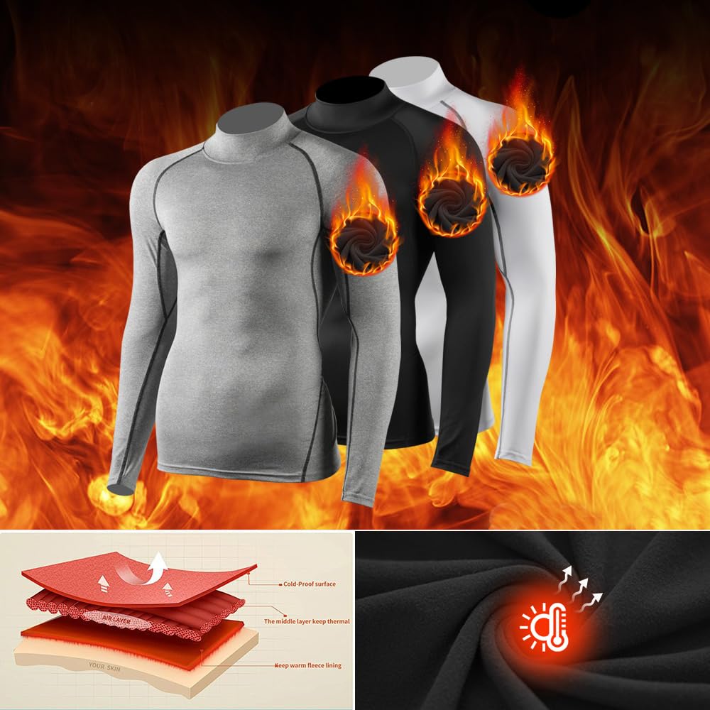 Men's 3-Pack Fleece Thermal Compression Shirts Long Sleeve