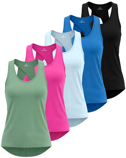 Real Essentials 5 Pack: Women's Crossback Keyhole Open Back Workout Tank Top Dry-Fit Sleeveless Yoga Gym (Available in Plus)