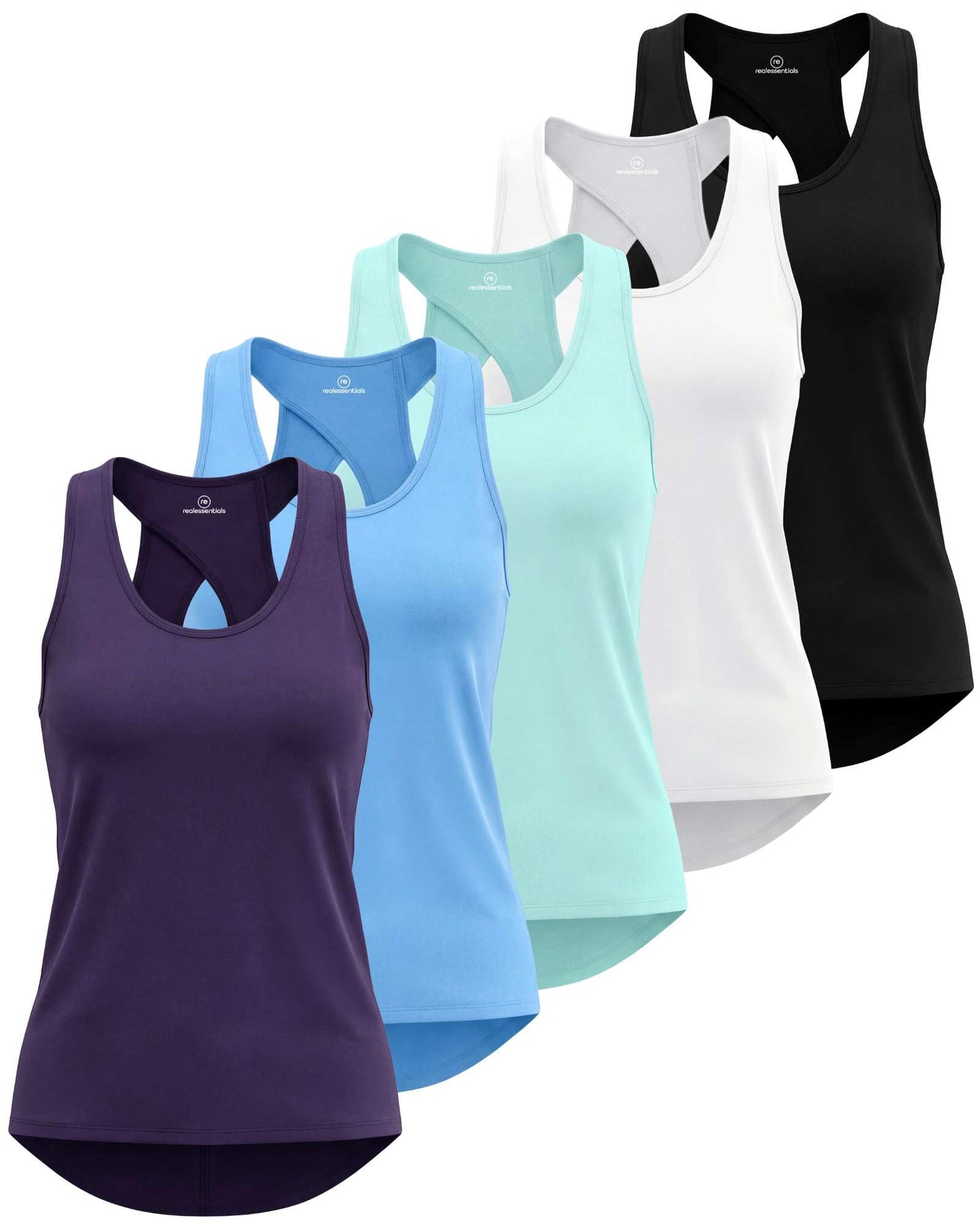 Real Essentials 5 Pack: Women's Crossback Keyhole Open Back Workout Tank Top Dry-Fit Sleeveless Yoga Gym (Available in Plus)