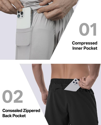 2-in-1 Running Shorts with Liner Zipper Pockets