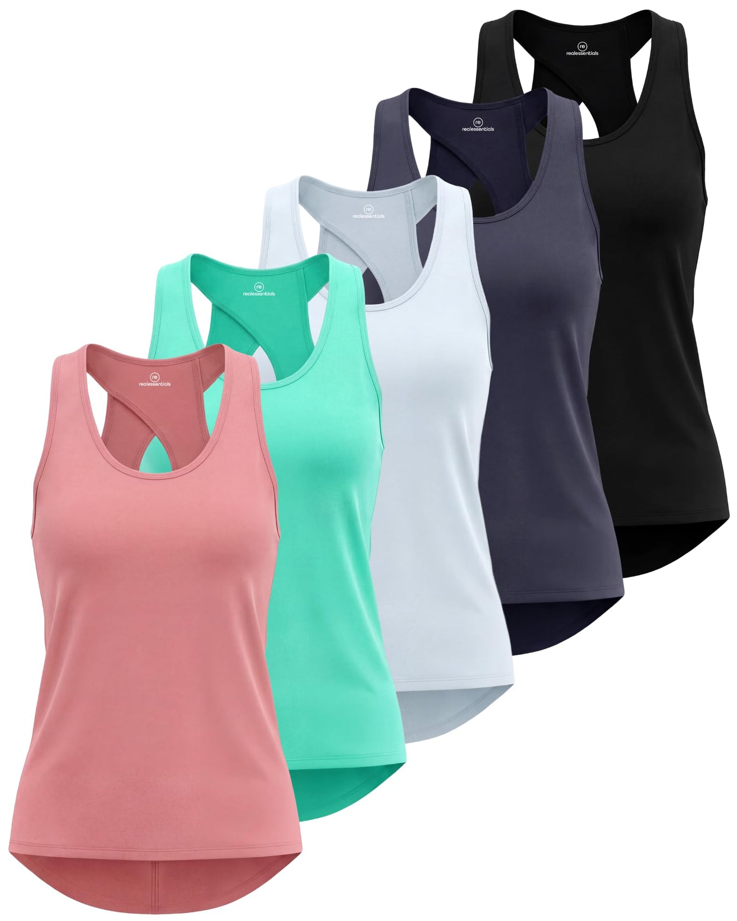 Real Essentials 5 Pack: Women's Crossback Keyhole Open Back Workout Tank Top Dry-Fit Sleeveless Yoga Gym (Available in Plus)
