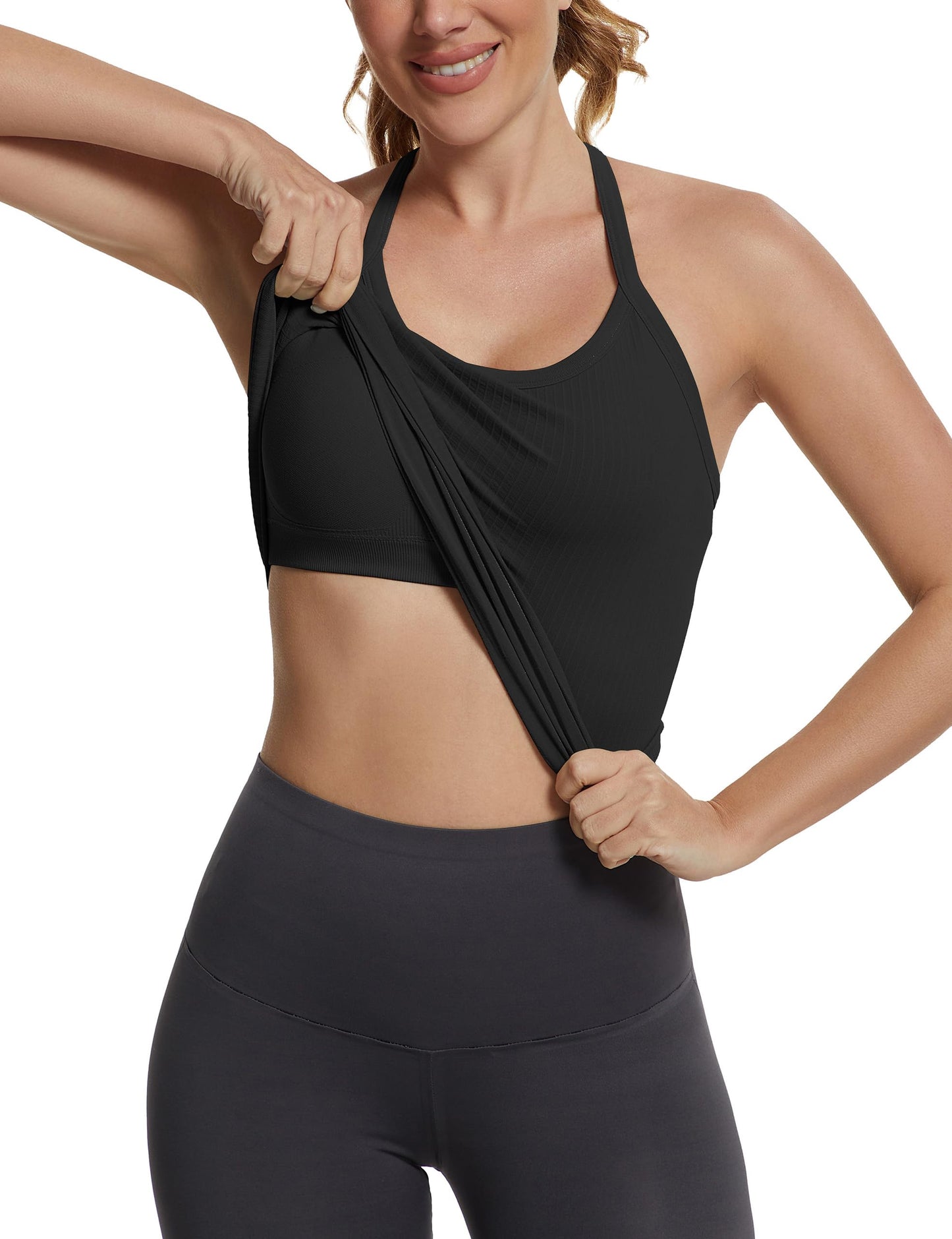 Seamless Racerback Workout Tank Top Built-In Bra Ribbed Yoga Tee