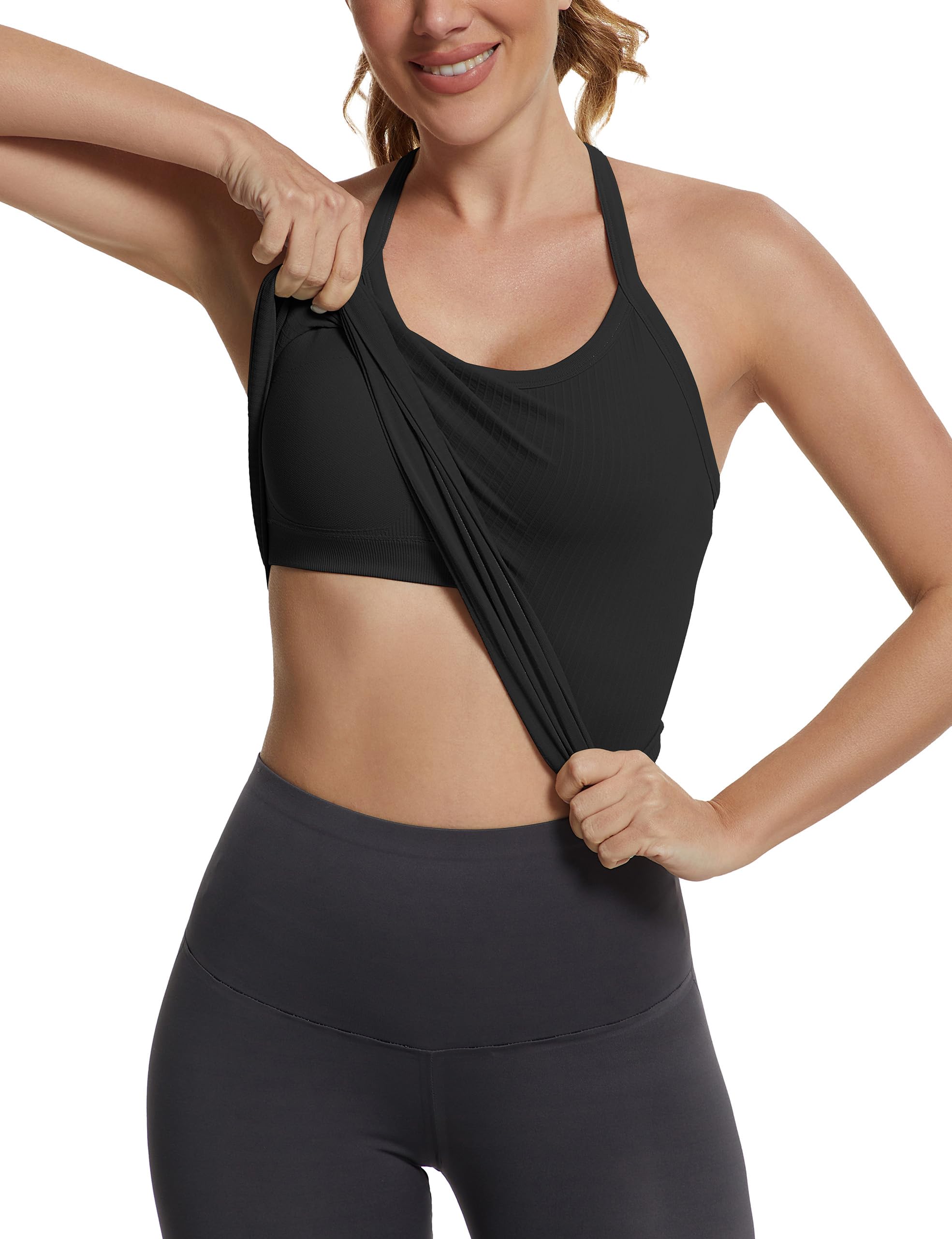 Seamless Racerback Workout Tank Top Built-In Bra Ribbed Yoga Tee