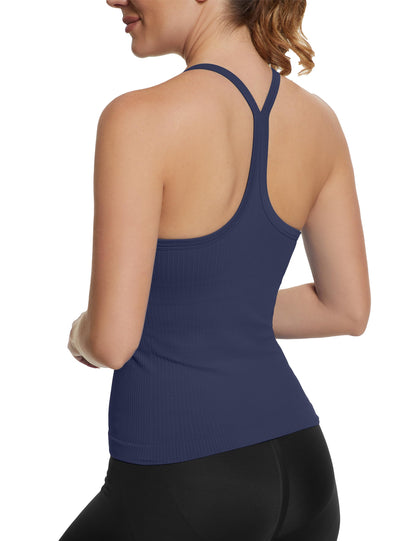 Seamless Racerback Workout Tank Top Built-In Bra Ribbed Yoga Tee