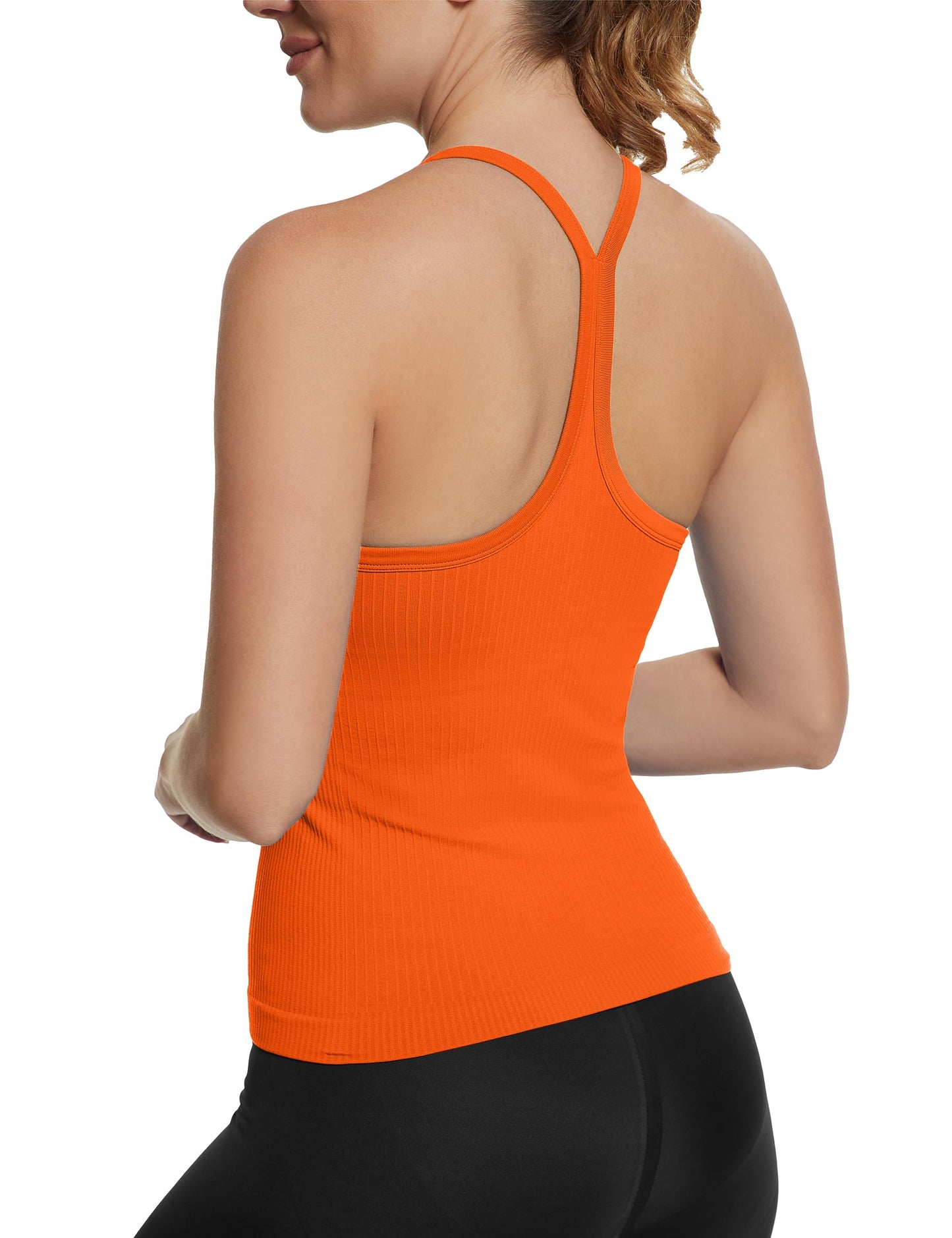 Seamless Racerback Workout Tank Top Built-In Bra Ribbed Yoga Tee