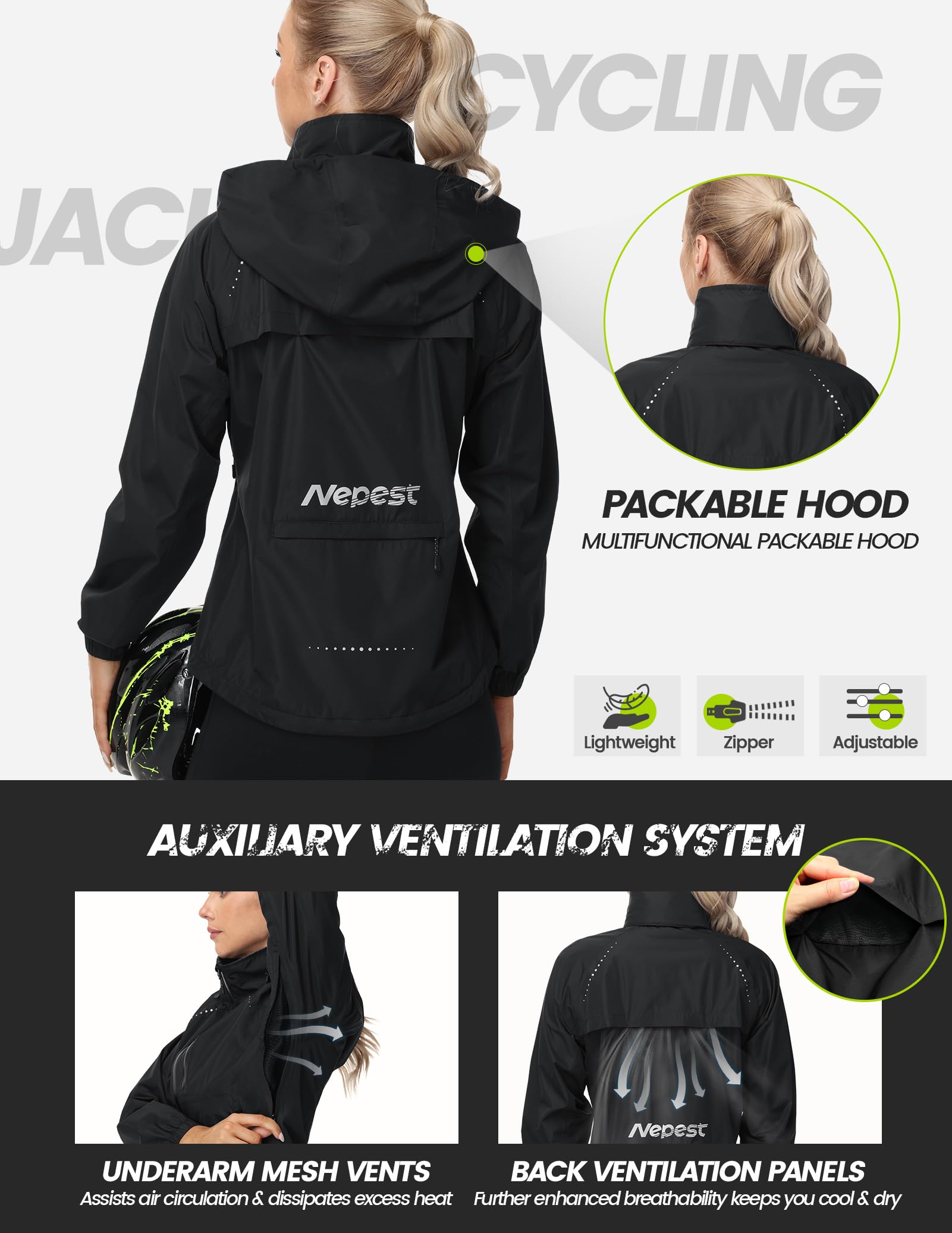 Nepest Womens Cycling Rain Jackets Lightweight Waterproof Biking Running Windbreaker UPF 50+ Reflective Packable Hooded