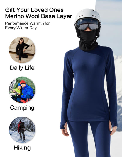 Women's Merino Wool Thermal Base Layer Set Top and Bottom