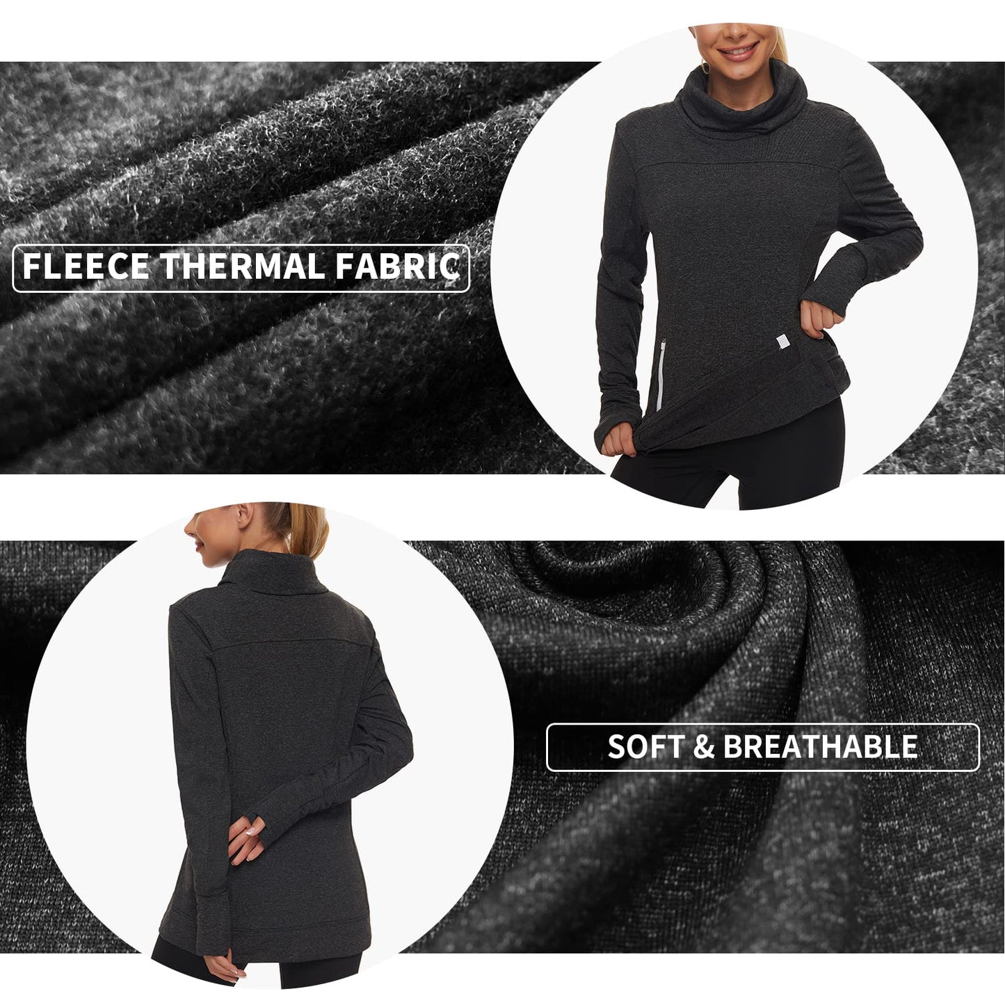Women's Fleece Cowl Neck Running Pullover Sweatshirt
