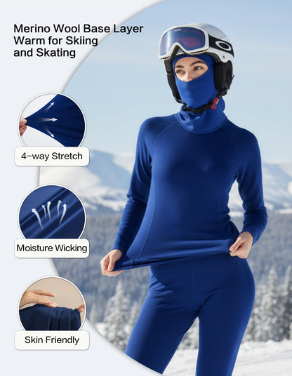 Women's Merino Wool Thermal Base Layer Set Top and Bottom