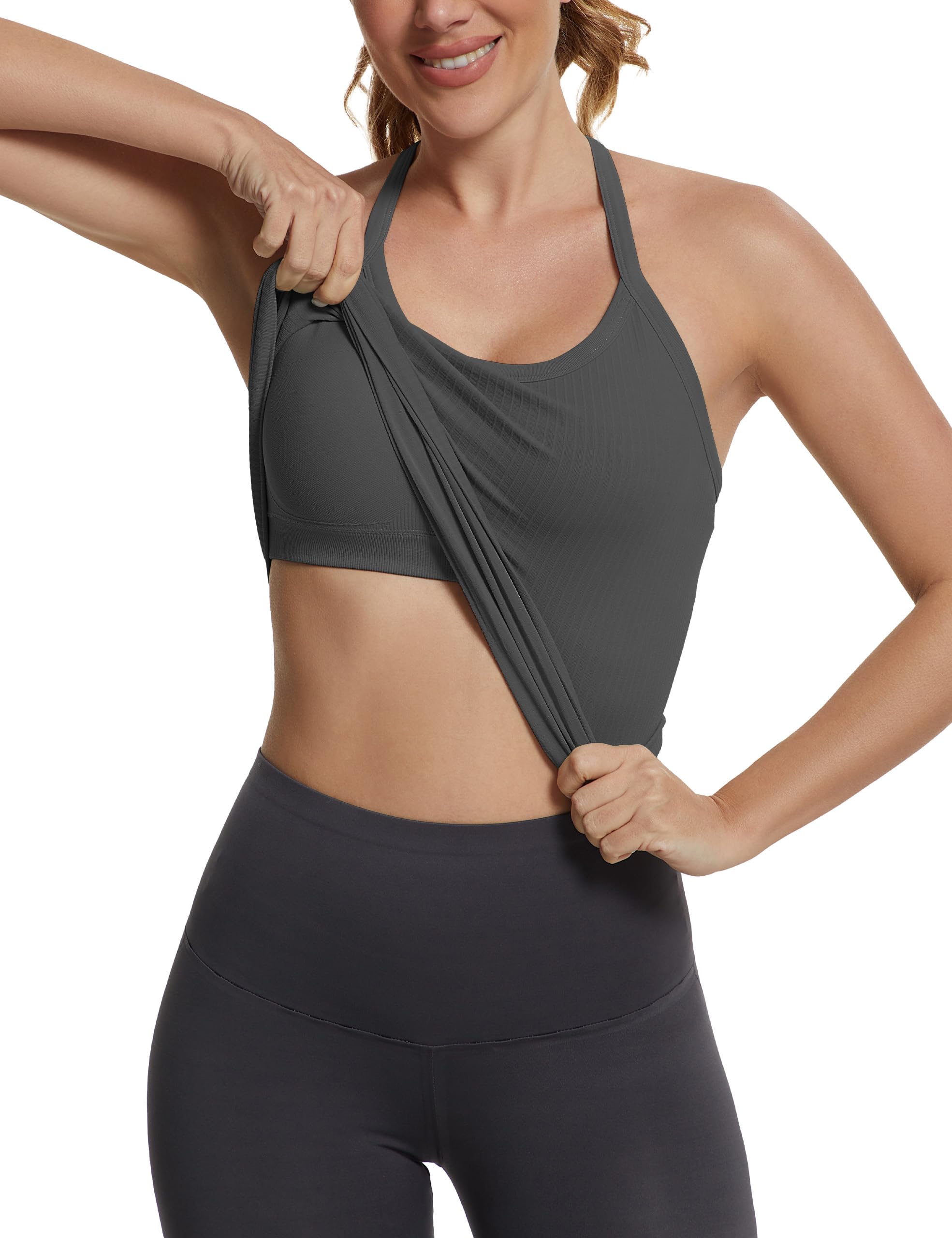 Seamless Racerback Workout Tank Top Built-In Bra Ribbed Yoga Tee