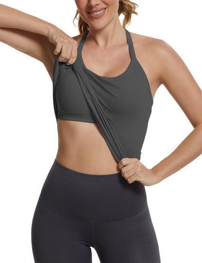 Seamless Racerback Workout Tank Top Built-In Bra Ribbed Yoga Tee