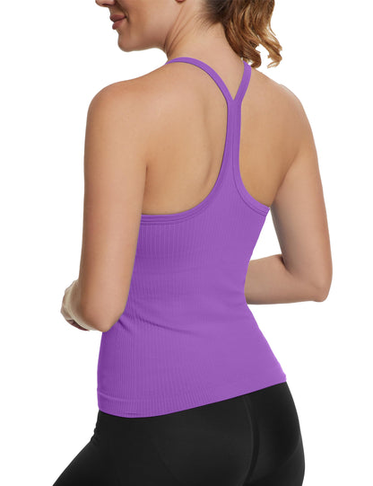 Seamless Racerback Workout Tank Top Built-In Bra Ribbed Yoga Tee