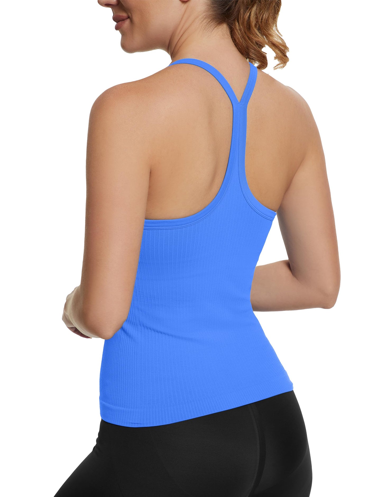 Seamless Racerback Workout Tank Top Built-In Bra Ribbed Yoga Tee