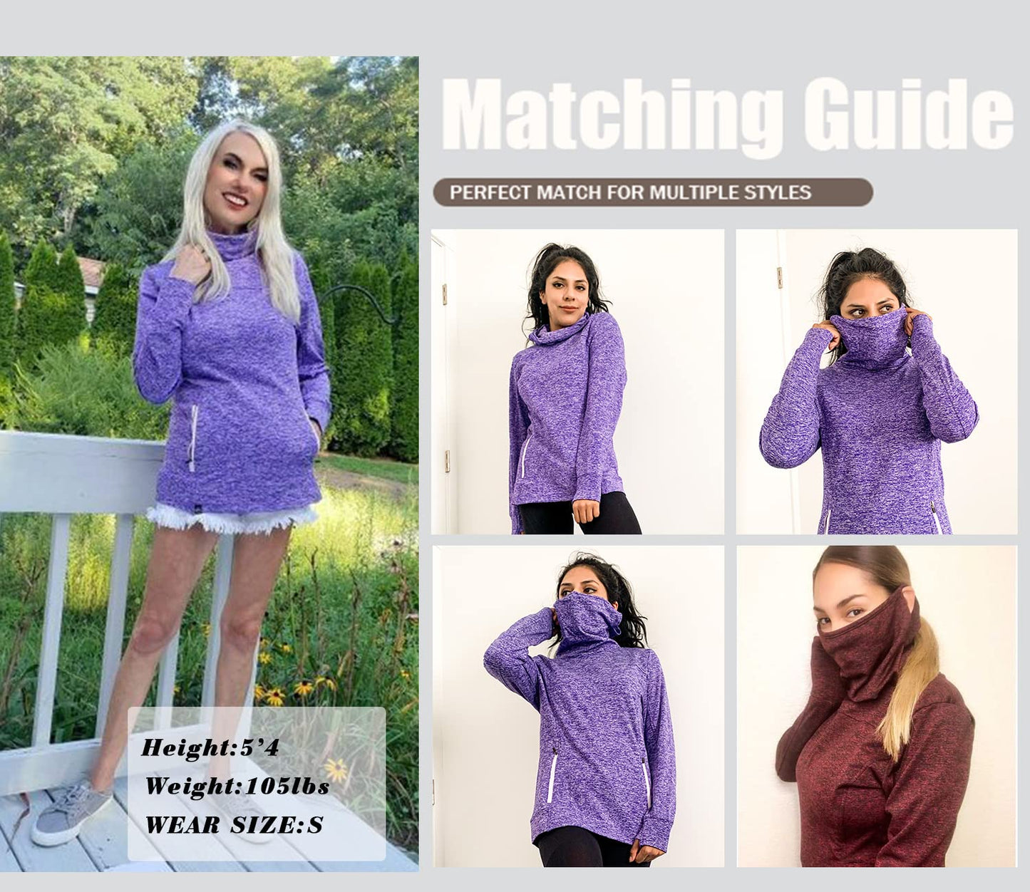 Women's Fleece Cowl Neck Running Pullover Sweatshirt