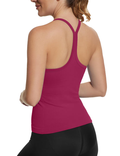 Seamless Racerback Workout Tank Top Built-In Bra Ribbed Yoga Tee