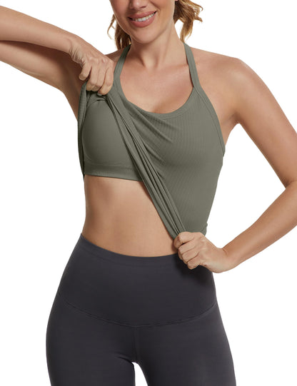Seamless Racerback Workout Tank Top Built-In Bra Ribbed Yoga Tee