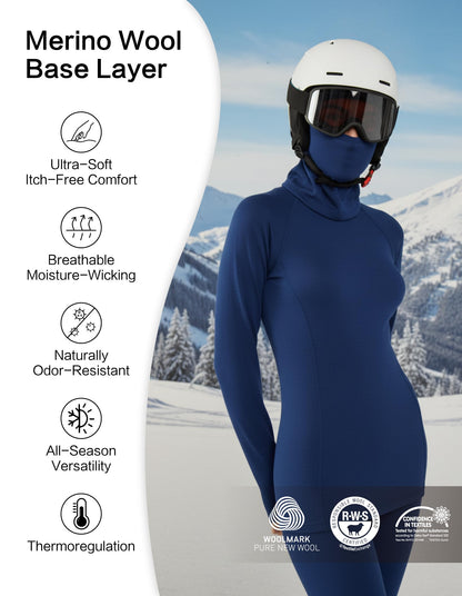 Women's Merino Wool Thermal Base Layer Set Top and Bottom