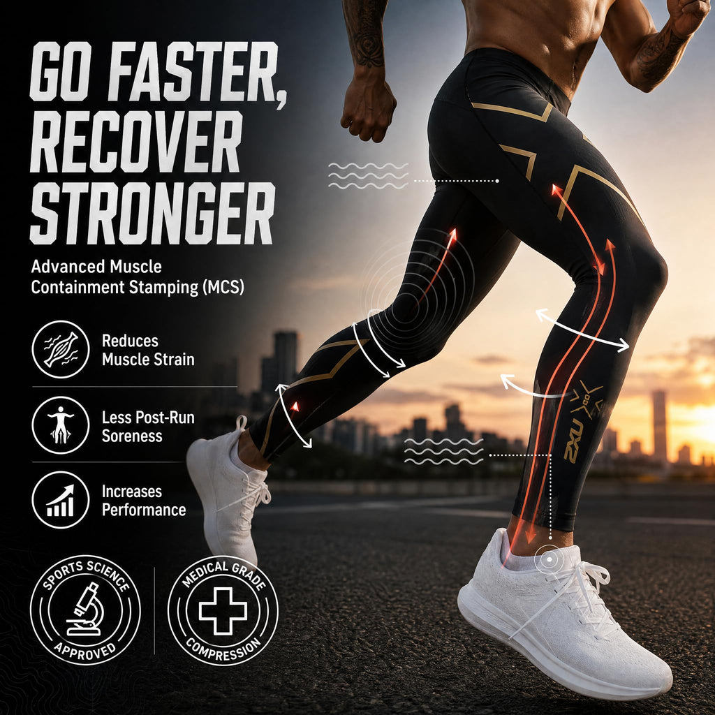 2XU Men’s Light Speed Compression Tights, Compression Pants for Running, Training & Recovery - Medium Black/Gold Reflective