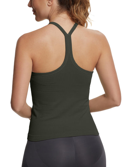 Seamless Racerback Workout Tank Top Built-In Bra Ribbed Yoga Tee