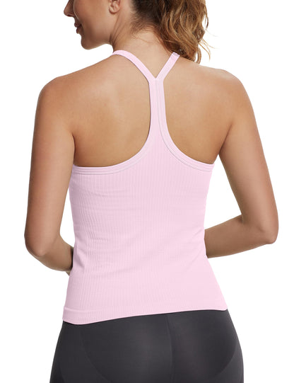 Seamless Racerback Workout Tank Top Built-In Bra Ribbed Yoga Tee