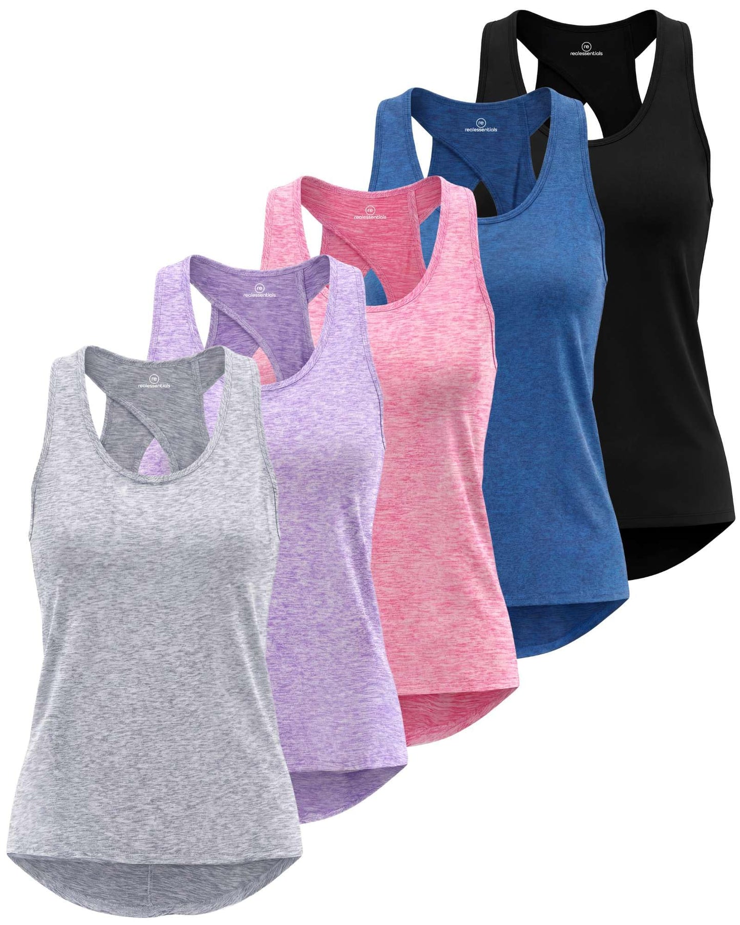Real Essentials 5 Pack: Women's Crossback Keyhole Open Back Workout Tank Top Dry-Fit Sleeveless Yoga Gym (Available in Plus)