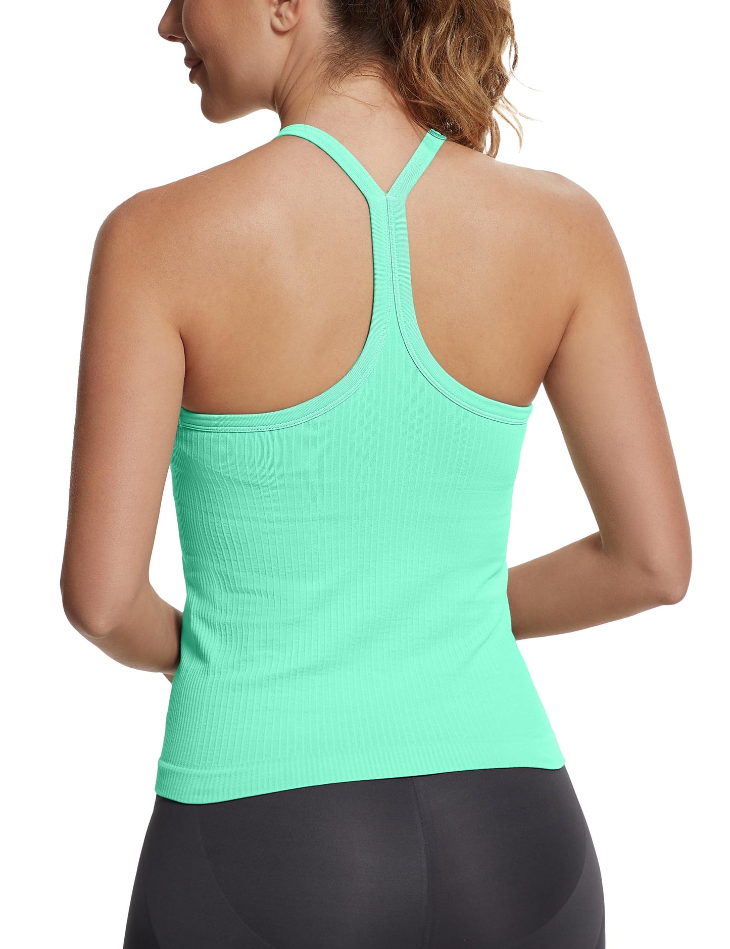 Seamless Racerback Workout Tank Top Built-In Bra Ribbed Yoga Tee