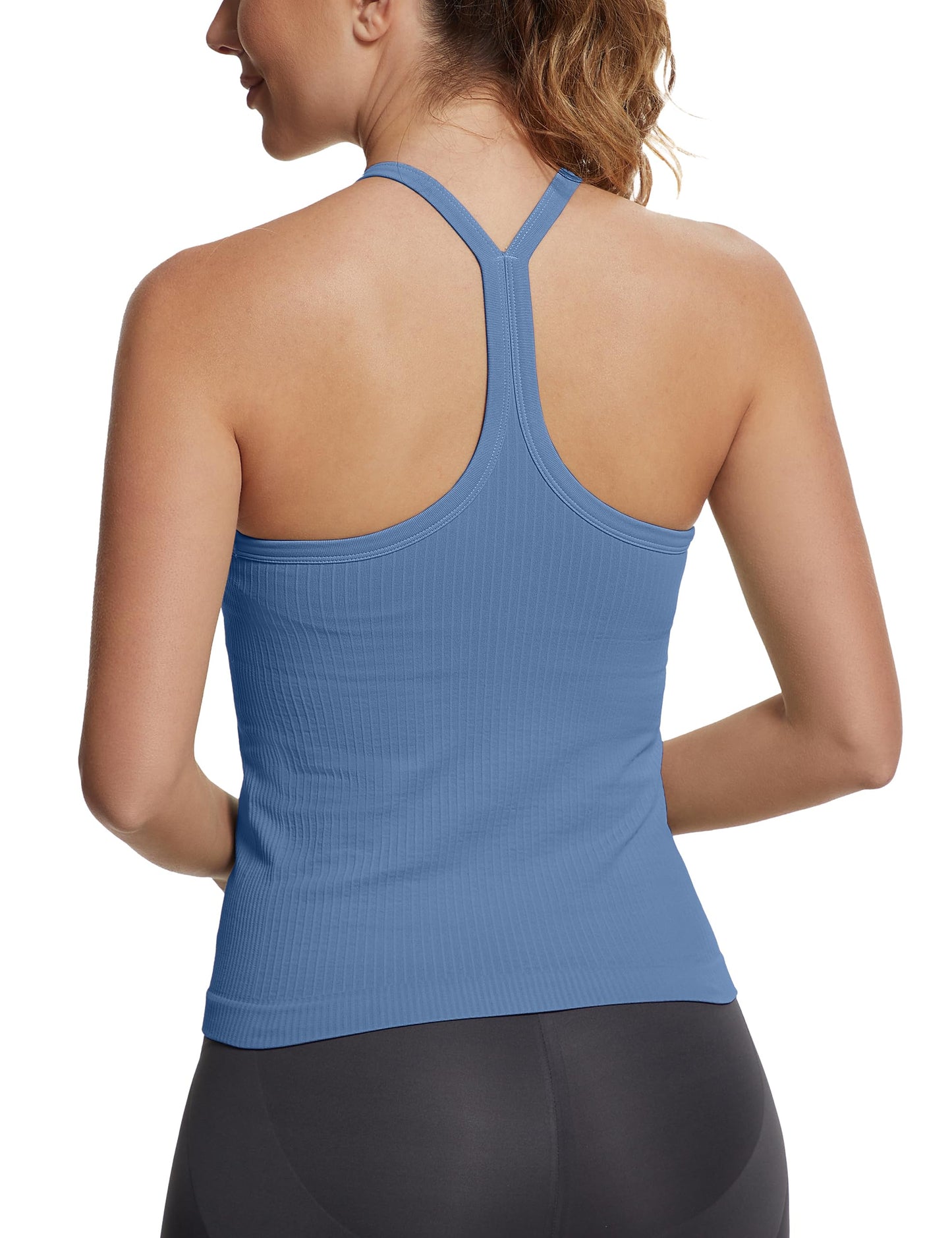 Seamless Racerback Workout Tank Top Built-In Bra Ribbed Yoga Tee