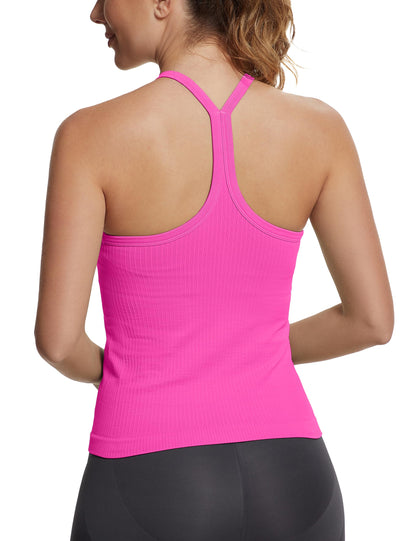 Seamless Racerback Workout Tank Top Built-In Bra Ribbed Yoga Tee