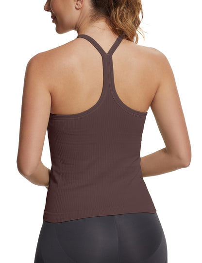 Seamless Racerback Workout Tank Top Built-In Bra Ribbed Yoga Tee