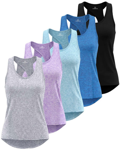 Real Essentials 5 Pack: Women's Crossback Keyhole Open Back Workout Tank Top Dry-Fit Sleeveless Yoga Gym (Available in Plus)