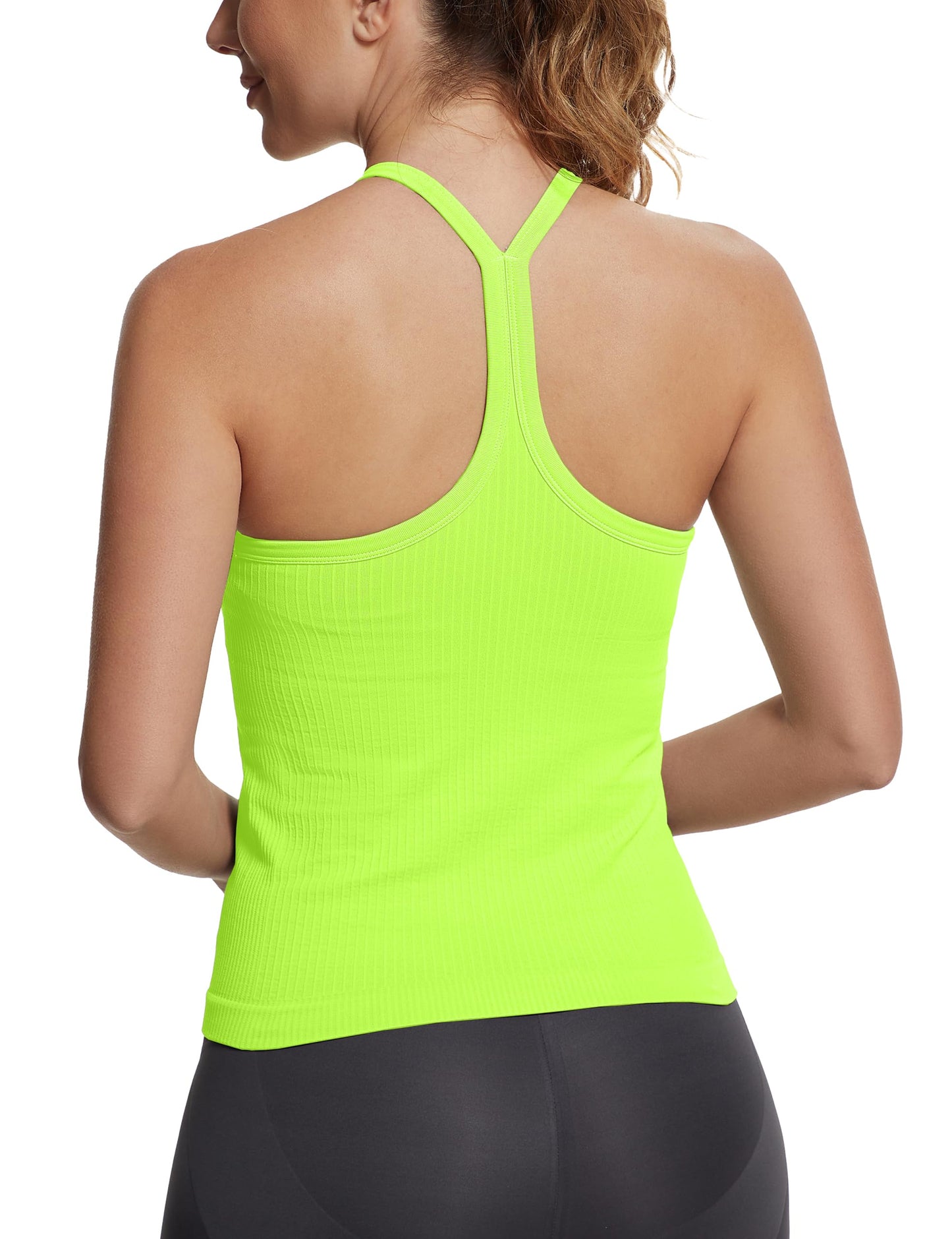 Seamless Racerback Workout Tank Top Built-In Bra Ribbed Yoga Tee