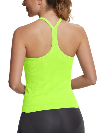 Seamless Racerback Workout Tank Top Built-In Bra Ribbed Yoga Tee