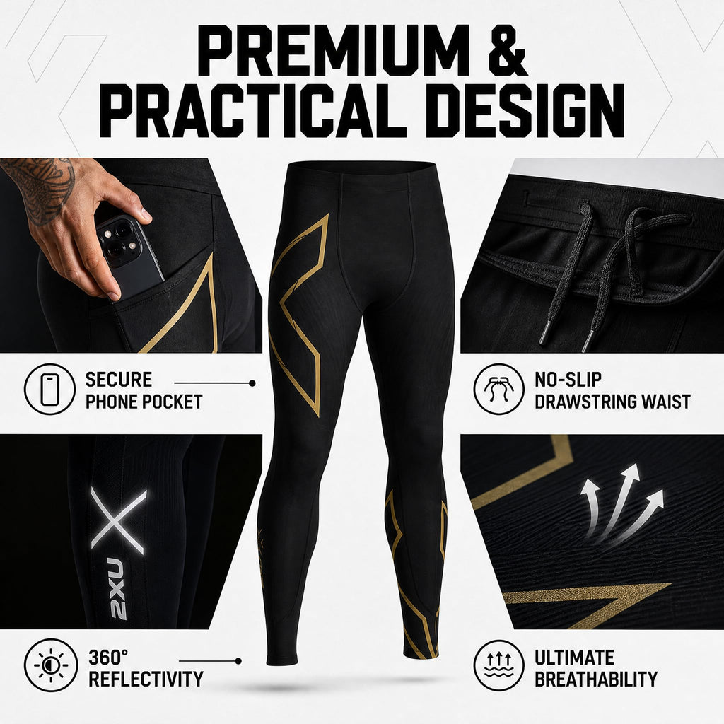 2XU Men’s Light Speed Compression Tights, Compression Pants for Running, Training & Recovery - Medium Black/Gold Reflective